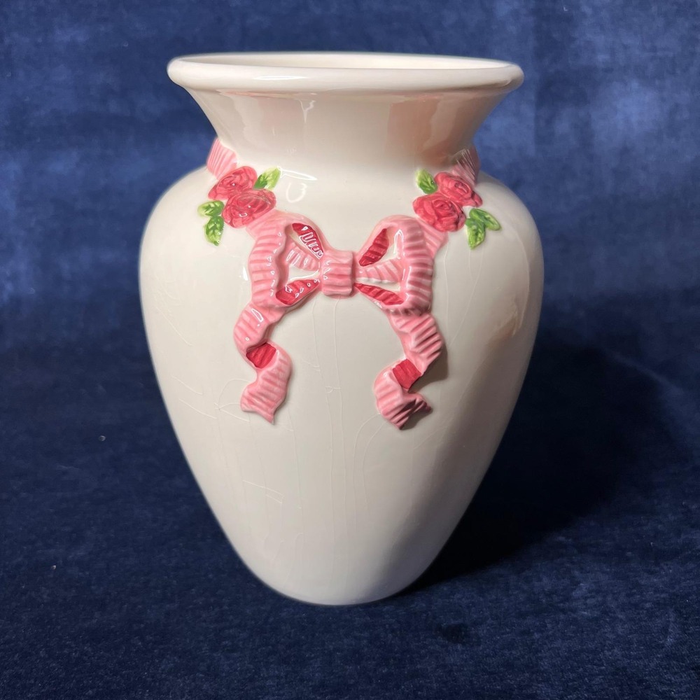 FTD Vintage White Ceramic Vase Pink Ribbon Roses Cottage Bow Shabby Chic